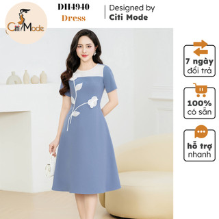 Đầm công sở CITI MODE FASHION thiết kế dáng A xanh phối hoa thêu trắng DH4940