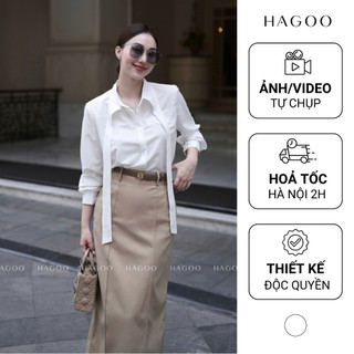 Áo sơ mi trắng nữ công sở hàn quốc tay dài cà vạt HAGOO thanh lịch