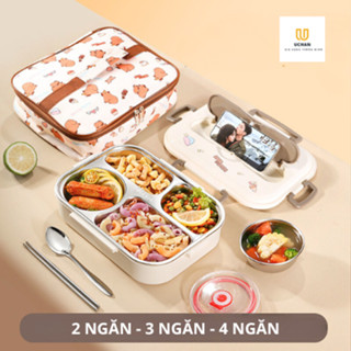Hộp đựng cơm inox giữ nhiệt Uchan 2 ngăn 3 ngăn 4 ngăn tặng kèm đũa thìa Khay đựng cơm văn phòng SP07-2 gấu