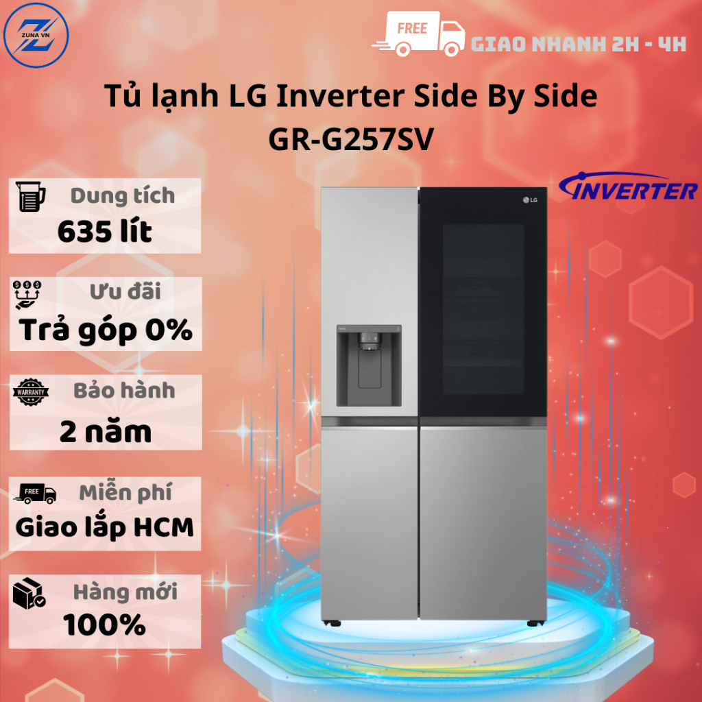 Tủ lạnh Side by Side Inverter LG 635L GR-G257SV - Bảo hành 24 tháng