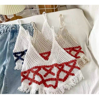 💥Áo 2 dây 2s len móc tua rua đi biển thêu chữ X