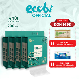 TẶNG MÓC TREO_Thùng 04 túi Khăn vải khô đa năng Lamy 200 tờ túi rút treo tường lau mặt tẩy trang