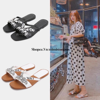 Dép lê bệt nữ quai vân da đính đá Full box MS-4241