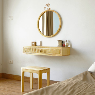 Bàn Trang Điểm Treo Tường Gỗ Tự Nhiên Kết Hợp Cánh Mây FEGO Kiểu Dáng Cổ Điển, Sang Trọng