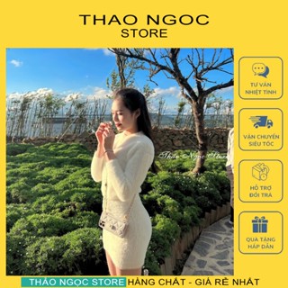 Set bộ len lông thỏ nữ áo croptop tay dài chân váy ôm ngắn! (có sẵn, hình thật) THẢO NGỌC STORE