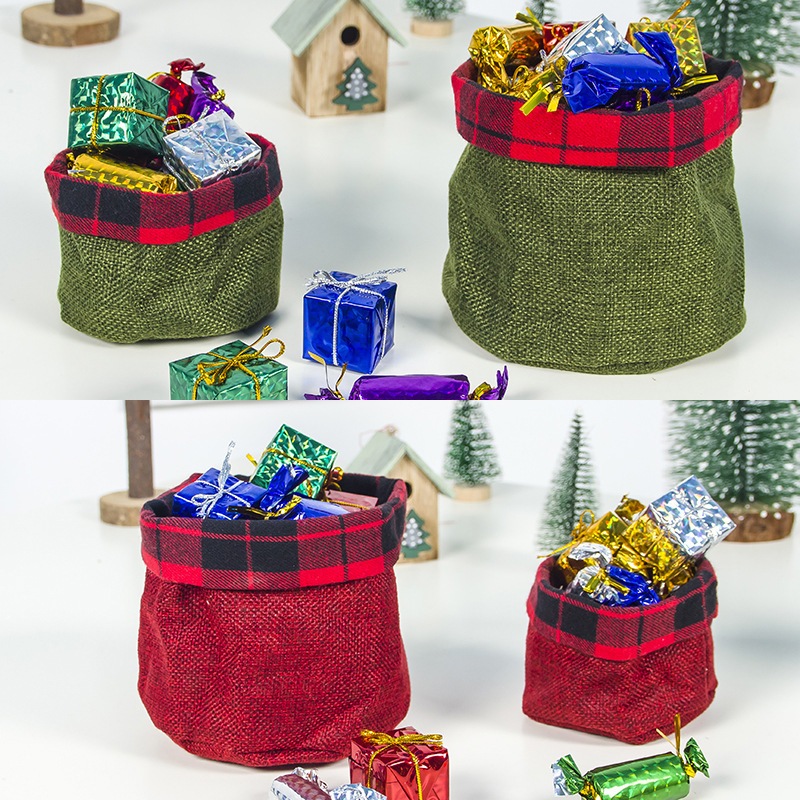Set 2 Túi Vải Viền Ca Rô N38 Đựng Quà Noel Phụ Kiện Trang Trí Giáng Sinh