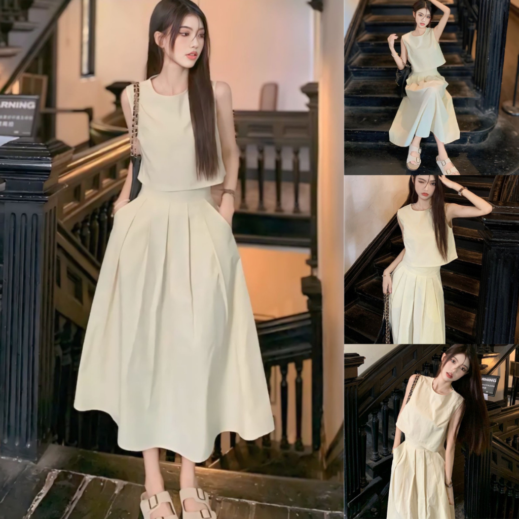 Set Váy CROPTOP áo không tay kèm chân váy xếp ly dài 85cm chất thô hàn mềm mát có ảnh thật | BigBuy360 - bigbuy360.vn