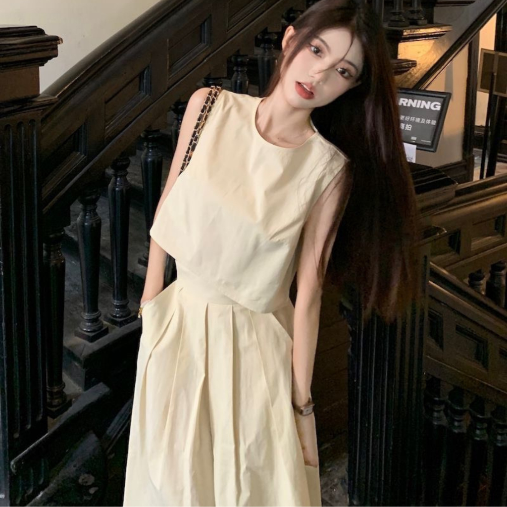 Set Váy CROPTOP áo không tay kèm chân váy xếp ly dài 85cm chất thô hàn mềm mát có ảnh thật | BigBuy360 - bigbuy360.vn