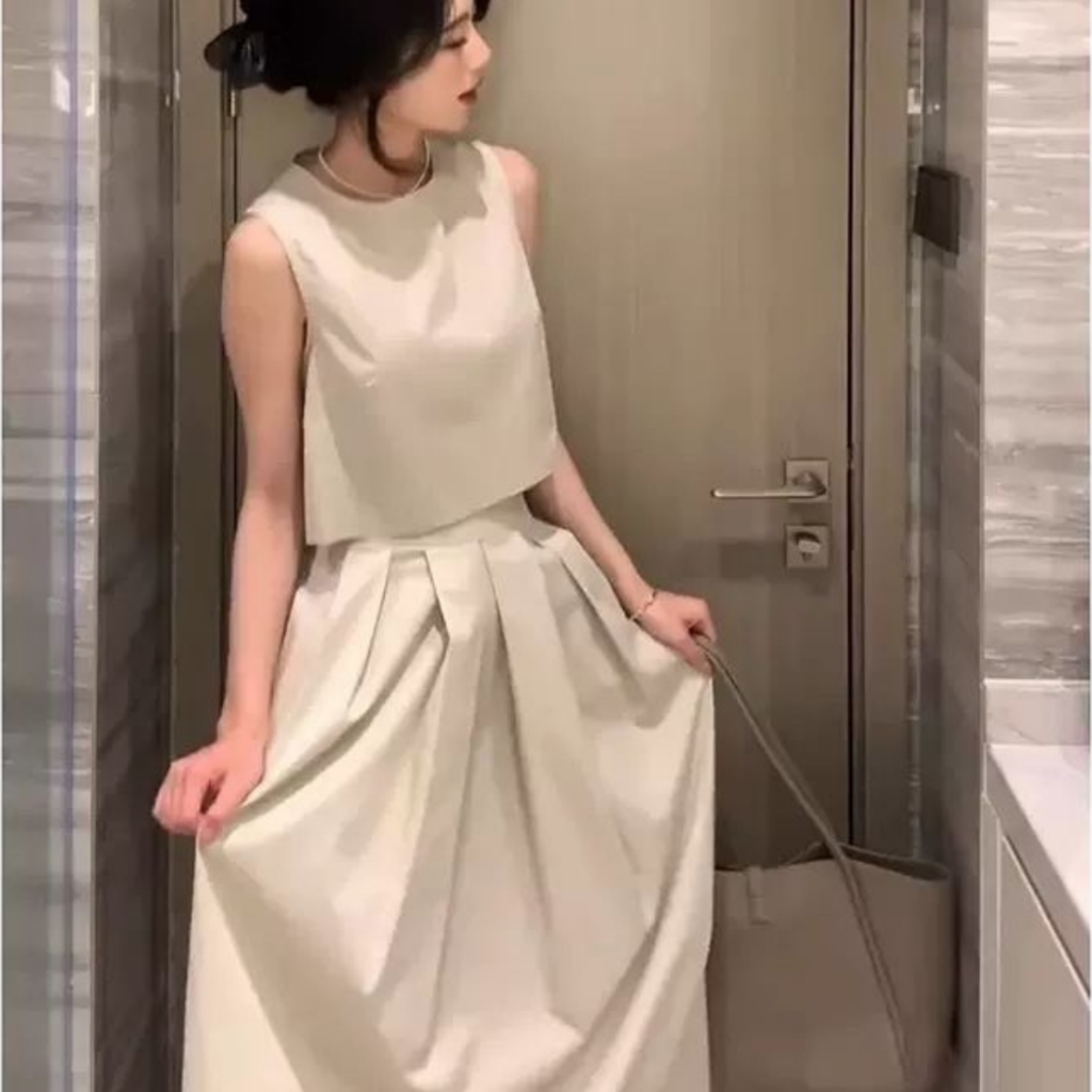 Set Váy CROPTOP áo không tay kèm chân váy xếp ly dài 85cm chất thô hàn mềm mát có ảnh thật | BigBuy360 - bigbuy360.vn
