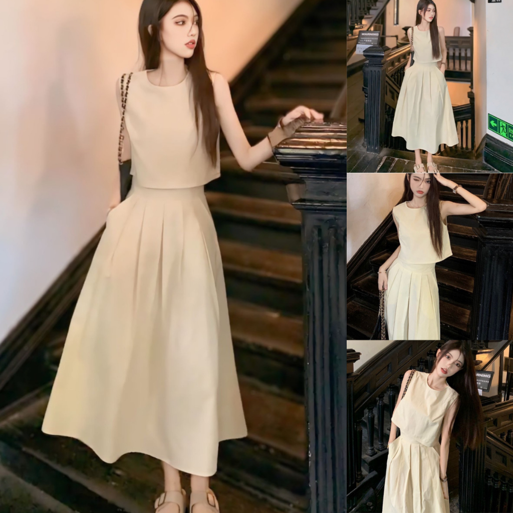 Set Váy CROPTOP áo không tay kèm chân váy xếp ly dài 85cm chất thô hàn mềm mát có ảnh thật
