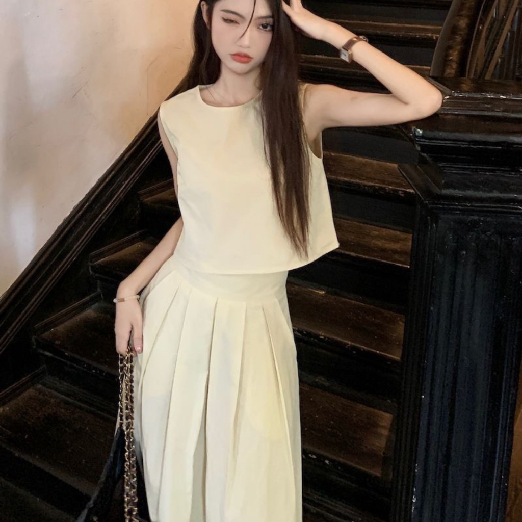 Set Váy CROPTOP áo không tay kèm chân váy xếp ly dài 85cm chất thô hàn mềm mát có ảnh thật | BigBuy360 - bigbuy360.vn