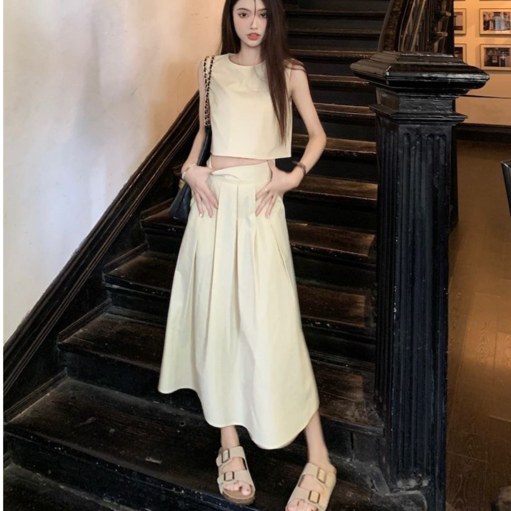 Set Váy CROPTOP áo không tay kèm chân váy xếp ly dài 85cm chất thô hàn mềm mát có ảnh thật | BigBuy360 - bigbuy360.vn
