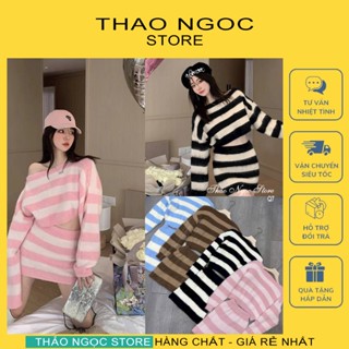 Set len lông sọc màu croptop trễ vai tay dài phối chân váy ngắn! (có sẵn, hình thật) THẢO NGỌC STORE