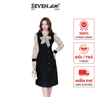 Đầm xoè dài tay midi cổ nơ đính cúc thời trang nữ Seven.AM H601107I