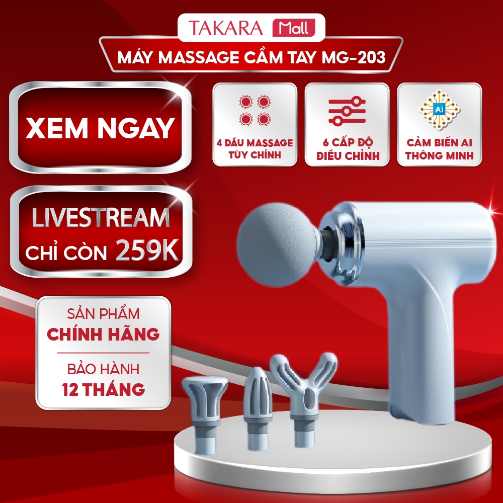 Máy massage cầm tay mini Takara MG-203, súng mát xa có cảm biến với 6 cấp độ, 4 đầu thay thế giúp giãn cơ, giảm nhức mỏi