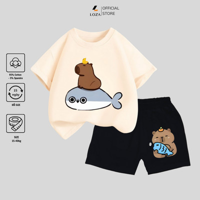 Bộ đồ Capybara cưỡi cá heo mẫu mới 2026 cho bé trai size từ 15-40kg - Quần áo bé trai Loza Kids SB107