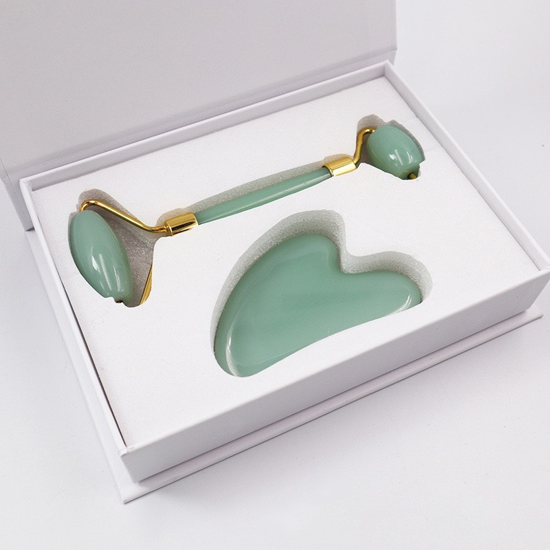 Bộ Đá Guasha Bằng Đá Tự Nhiên Màu Xanh Ngọc Bích Kèm Cây Lăn Đá Tự Nhiên Cùng Màu Giúp Nâng Cơ Da - 