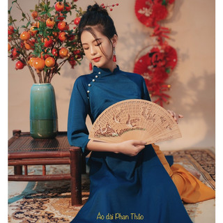 áo cách tân cao cấp _áo dài lụa hàn châu sang trọng thanh nhã_màu xanh két siêu xinh