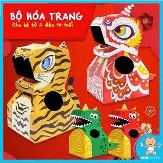 [Loại 1 size to] Bộ mô hình hoá trang trung thu cosplay khủng long đầu kỳ lân đồ chơi cho bé thùng carton giấy quà tặng
