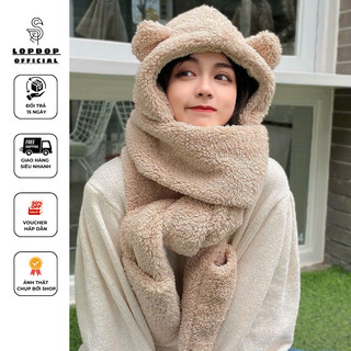 Mũ lông cừu tai gấu kèm khăn quàng cổ và găng tay ấm áp ulzzang Hàn Quốc siêu ấm áp - KH116