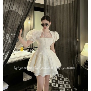 Váy đầm cổ chữ U cúp ngực tay bồng, váy hoa tiết thêu hoa ren thiết kế cao cấp sang chảnh dự tiệc cưới, sự kiện, cô dâu