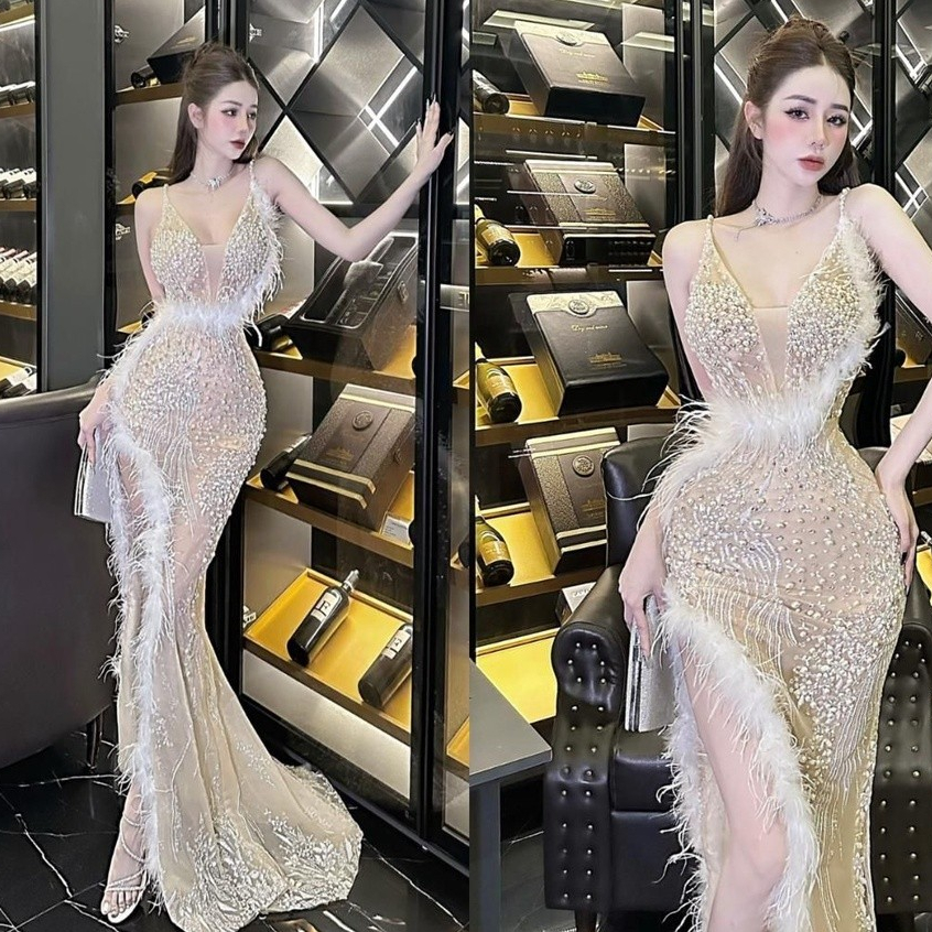 Đầm dạ hội 2 dây đính hạt lông vũ nhà KT clothing