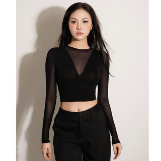 Áo croptop cổ V phối lưới tay dài chất thun co giãn tốt-Feliza clothing