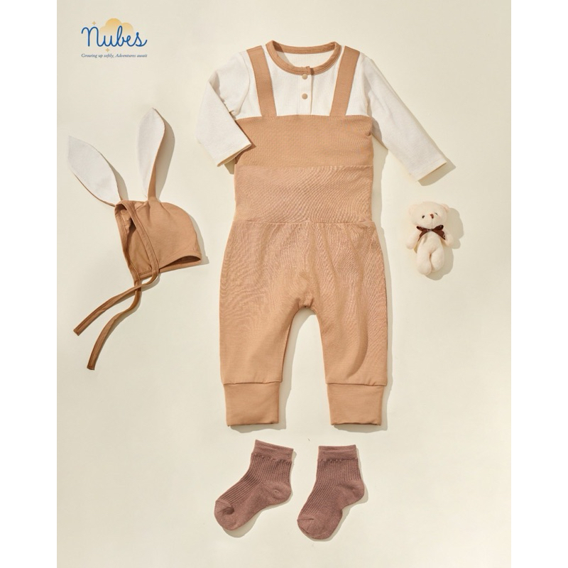 Nubes - Bộ sơ sinh phối yếm mũ thỏ NB24-SS03 màu nâu