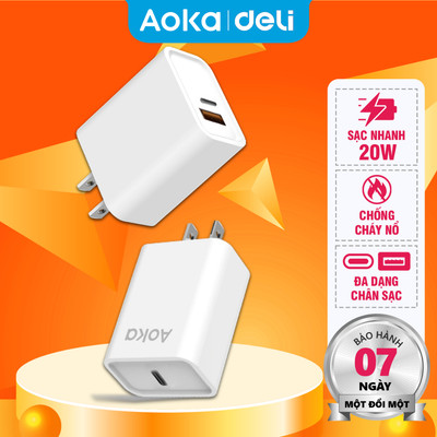 Củ Sạc Nhanh AOKA by Deli Cục Sạc Nhanh Cốc Sạc Nhanh USBTypeC Công Suất 20W An Toàn Chống Cháy Nổ