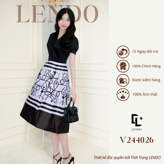 Đầm Váy Công Sở LENDO V244026 Cổ V Tay Ngắn Bồng Thiết Kế Phối Hoa Tiết Gothic