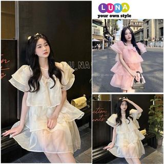  Đầm babydoll hottrend thời trang nữ mặc đi chơi Váy 3 tầng đính nơ ngực vải voan tơ ánh kim - LUNA 