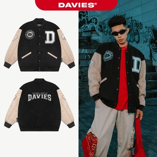 Bomber jacket bóng chày DAVIES nỉ, kaki đen phối tay be form rộng 2 lớp thêu logo phong cách đường phố