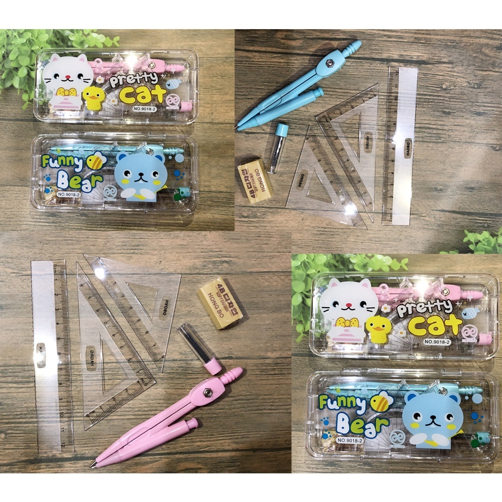 (Rẻ Vô địch) (hộp nhựa) Bộ eke - thước kẻ - compa 9001