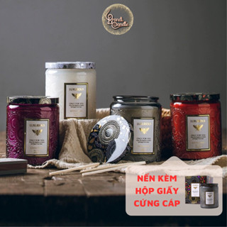 Nến thơm phòng Luxurious hũ thủy tinh hoa văn màu sắc nắp nhôm sang trọng