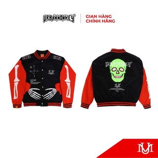 Áo Khoác Varsity Unisex URBAN MONKEY " Varsity Skeleton Black / Neli " Chất Liệu Nhung Tăm Phối Màu Cam / Đỏ