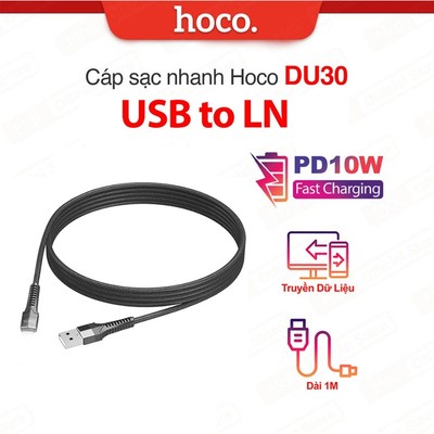 Dây sạc nhanh PD10W USB to IP Hoco DU30 hỗ trợ truyền dữ liệu dùng cho ip6/7/8/X/11/12/13/14 dài 1m/2m