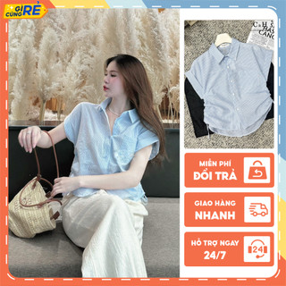Áo sơ mi kẻ Tay hến rút eo Áo sọc xanh túi ngực Form basic chất thô C&H Clothing