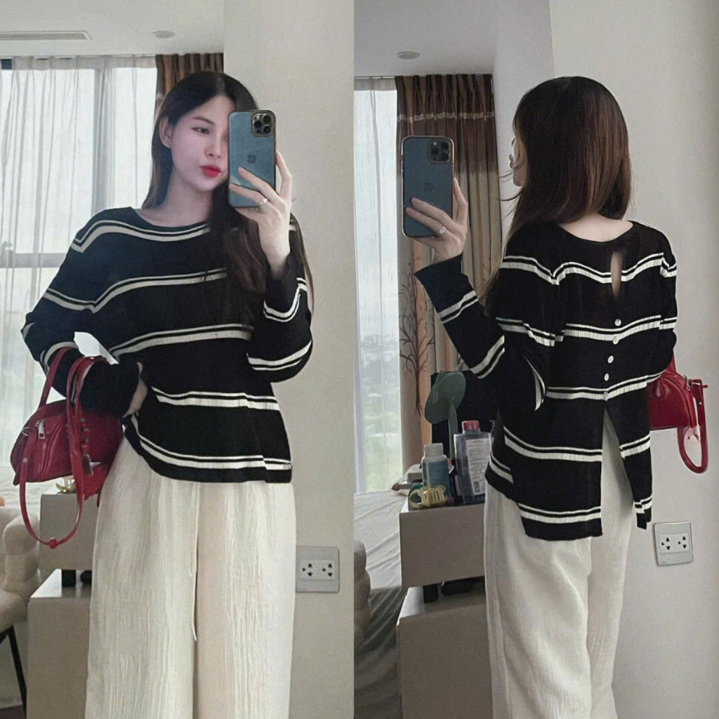 Áo len mỏng kẻ sọc hở lưng, áo cardigan cổ tròn dài tay Renee Store - AL1788 | BigBuy360 - bigbuy360.vn