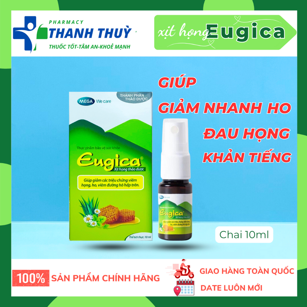 Xịt Họng Eugica Mouth Spray, Hỗ Trợ Nhuận Phế, Giảm Ho, Giảm Các Triệu Chứng Đau Họng, Chai 10ml