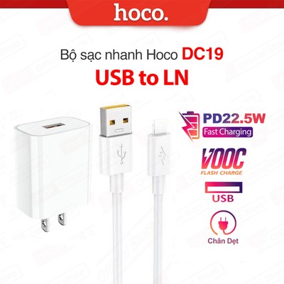 Bộ sạc nhanh 22.5W Hoco DC19 USB dùng cho ip7/8/X/11/12 sạc nhanh 5A/Q.C 3.0 hỗ trợ sạc VOOC, kèm dây dài 100cm