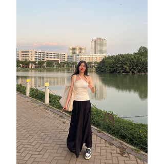 <Calar Top> Áo cổ yếm cột dây thun gân RUCHAN