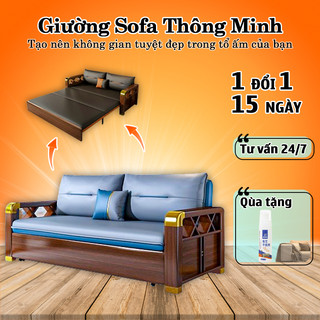 Sofa giường thông minh, giường sofa tay gỗ sồi bọc kim loại cao cấp, giường ghế đa năng tặng kèm gối