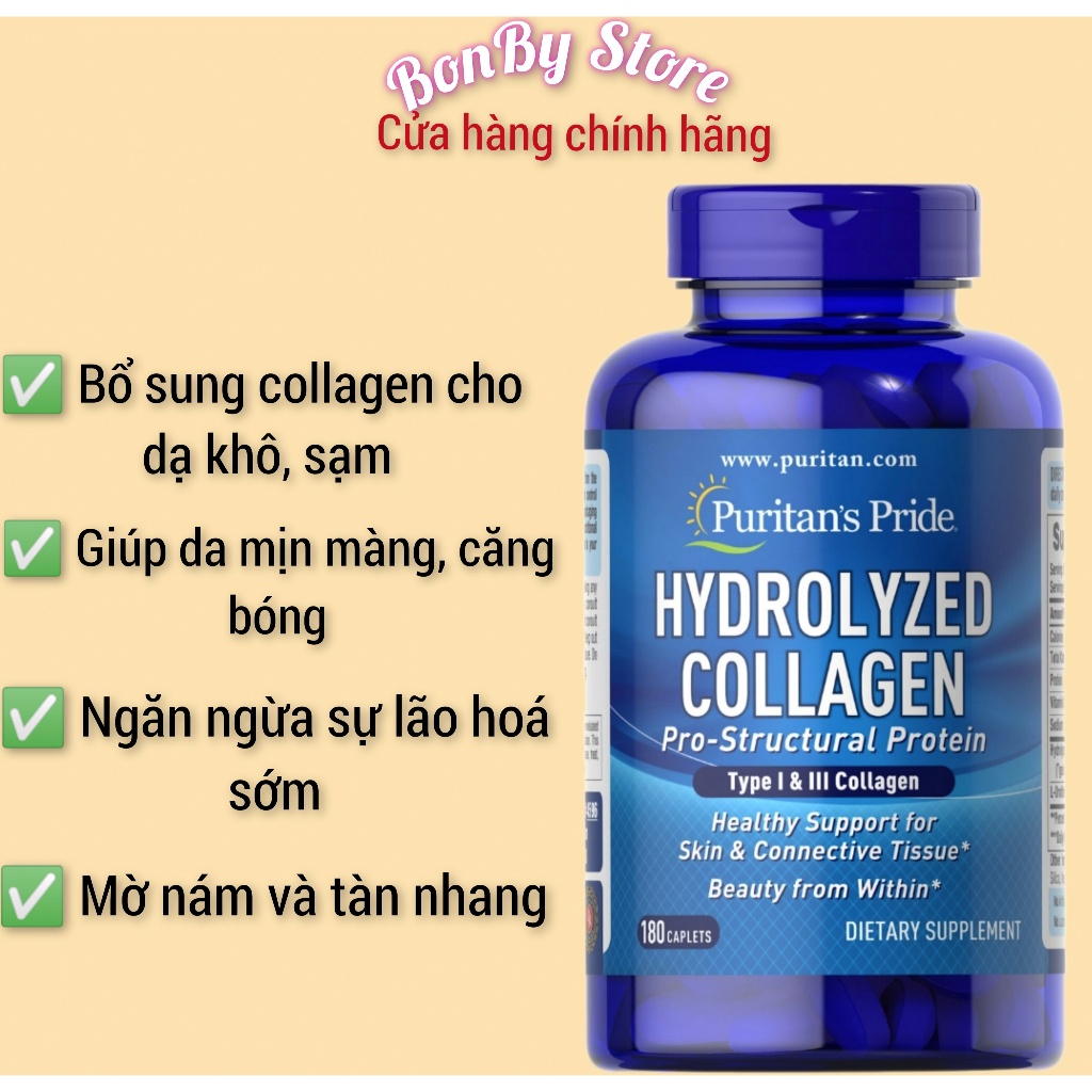 (Bill hãng) Collagen thuỷ phân, giúp trắng da, mờ nám, tàn nhang 1000mg PURITAN'SPRIDE -180V