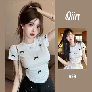 Áo thun tay lỡ cổ tròn nữ đính nơ kèm in hình trái tim kiểu dáng basic A99