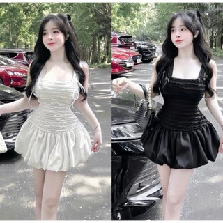 Đầm 2 dây bảng to phối kiểu bí xòe có quần trong, có mút
