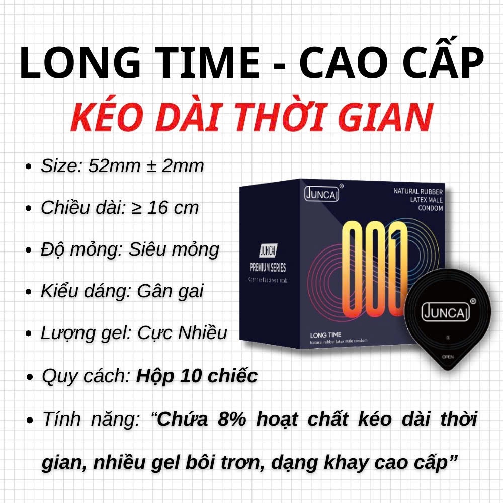 Bao cao su Juncai Long Time kéo dài thời gian quan hệ, siêu mỏng nhiều gel bôi trơn, gân gai cao cấp - Hộp 10 bcs