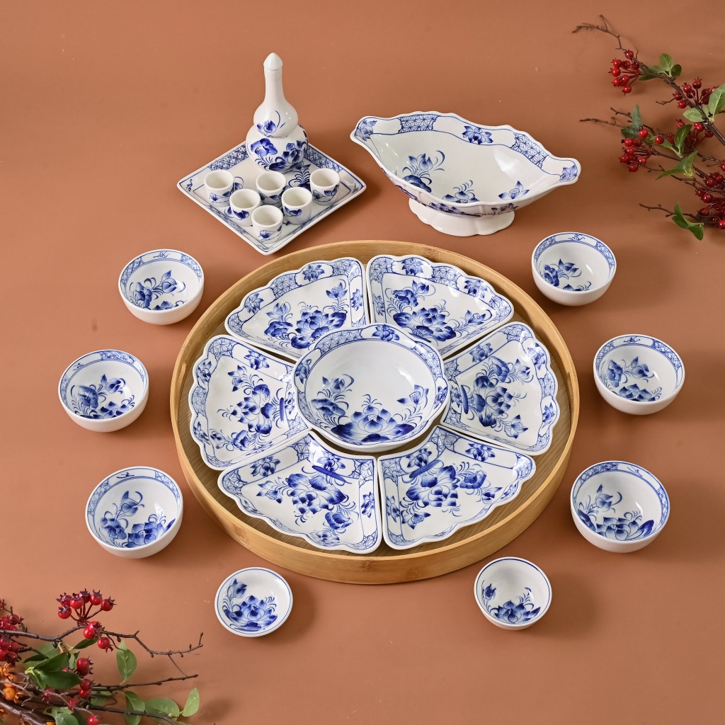 Bộ Hoa Mặt Trời Bày Mâm Cúng Gia Tiên Hoạ Tiết Sen Xanh Sen 1 Bông Xanh Sen Nhuỵ Xanh 2 Size Gốm Sứ Cao Cấp Bát Tràng
