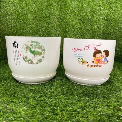  Set 02 cái Chậu nhựa Giả Sứ Liền đĩa in hoạ tiết cao cấp đk 14-22cm 