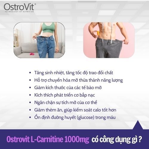 Giảm mỡ thừa, độ body OstroVit L-Carnitine 1000mg chuyển hóa mỡ thừa thành năng lượng, giảm cân, đốt mỡ tự nhiên
