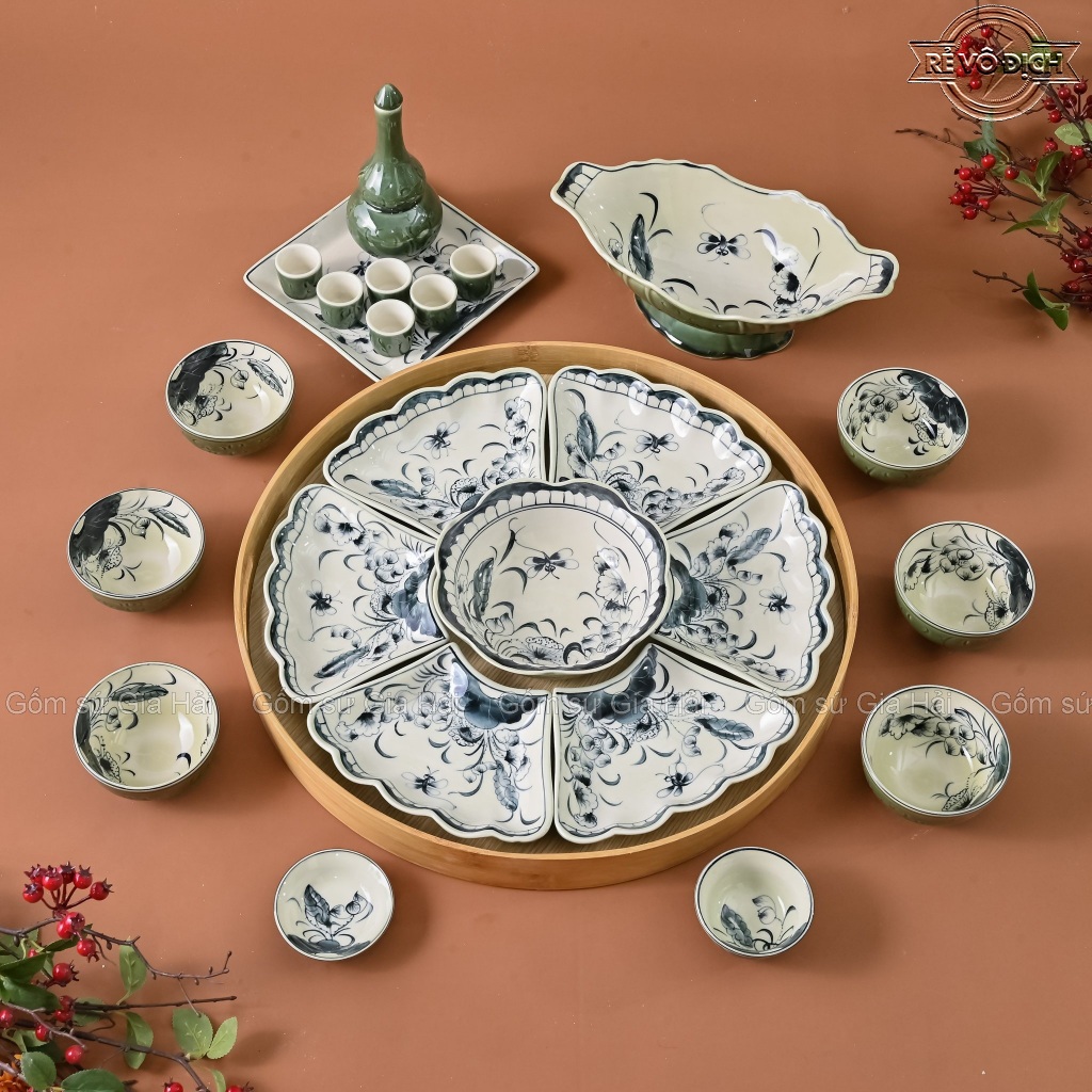 Bộ Bát Đĩa Hoa Mặt Trời Cúng Gia Tiên Hoạ Tiết Vẽ Hoa Sen Xanh Hoa Móc Sứ Bát Tràng Nhiều Mẫu 45cm 
